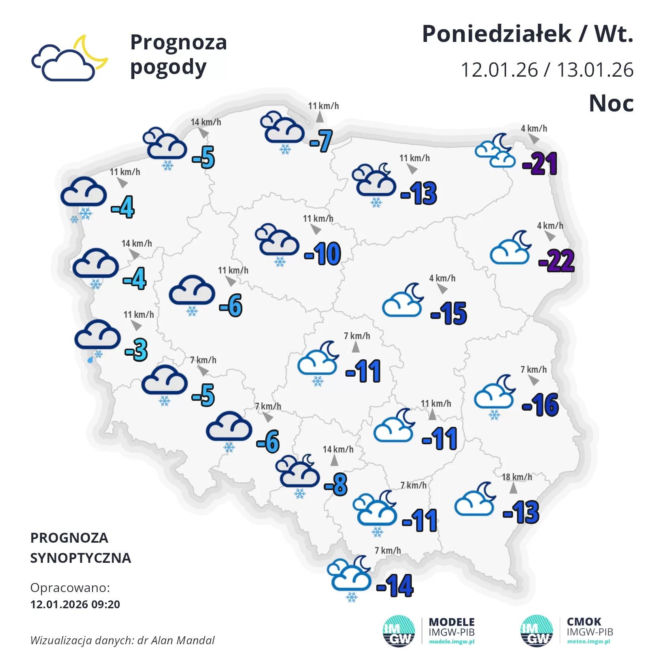 Synoptyczna prognoza pogody na noc z 12 na 13 stycznia. IMGW zapowiada mrozy