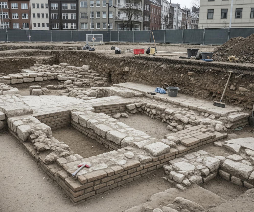 Wykopaliska archeologiczne zajmują duży, prostokątny obszar, gdzie widoczne są fundamenty wykonane z kamieni i cegieł, tworzące nieregularne wzory i prostokątne konstrukcje. Teren jest piaszczysty i gruntowy, z kilkoma łopatami, miotłami i wiadrami rozmieszczonymi wokół. W tle, za zielonym ogrodzeniem, wznoszą się budynki miejskie o różnych fasadach i oknach, a po prawej stronie znajduje się duża kupa ziemi.