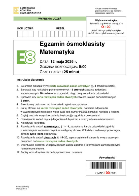 Egzamin ósmoklasisty 2026 matematyka: WSZYSTKIE odpowiedzi do arkusza CKE 12.05.2026