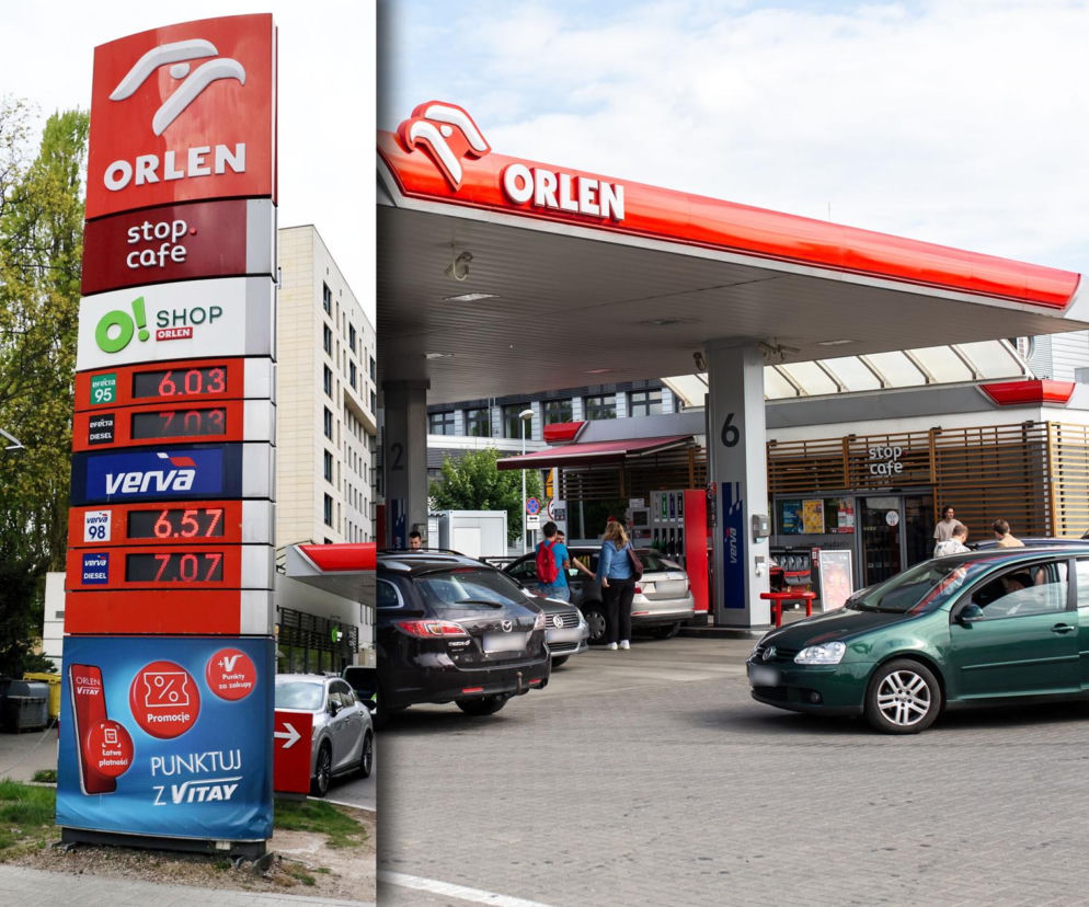 Stacja paliw Orlen z widocznym pylonem cenowym, na którym wyświetlone są aktualne ceny paliw: benzyny 95 (6,03 zł), diesla (7,03 zł), Verva 98 (6,57 zł) i Verva Diesel (7,07 zł). Na pierwszym planie ciemnozielony samochód, obok dystrybutorów kolejni klienci. Więcej o cenach paliw na Super Biznes.