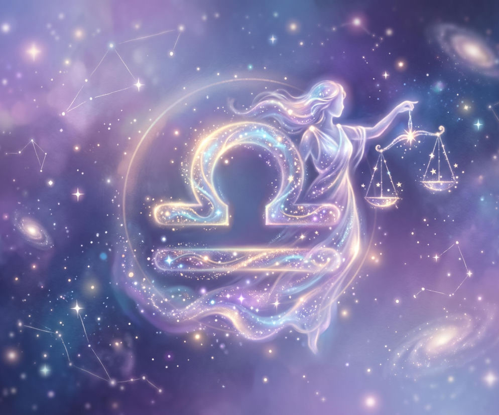 Świecący symbol Wagi oraz kobieta z wagą na tle kosmosu. O horoskopie dla Wagi przeczytasz w serwisie Eska.
