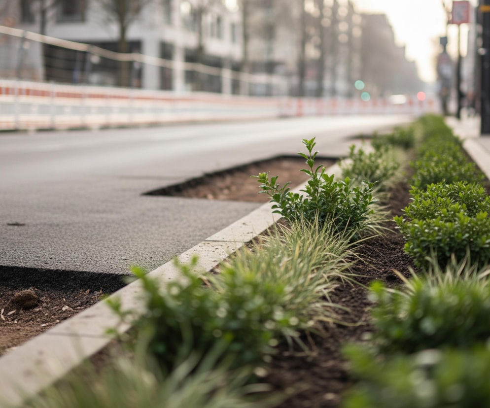 Na pierwszym planie, po prawej stronie, widać pas świeżo posadzonych zielonych krzewów i traw, rosnących na ciemnej ziemi, oddzielonych jasnym krawężnikiem od szarego chodnika. Lewa część obrazu przedstawia asfaltową drogę z widocznymi fragmentami nowej nawierzchni i wyrwami w asfalcie, odsłaniającymi brunatną ziemię. Po lewej stronie drogi biegnie biało-pomarańczowe ogrodzenie budowlane, a w oddali majaczą rozmyte budynki i drzewa bez liści pod jasnym niebem, z widocznymi światłami ulicznymi. Na końcu chodnika, po prawej stronie, niewyraźnie widać idącą postać.