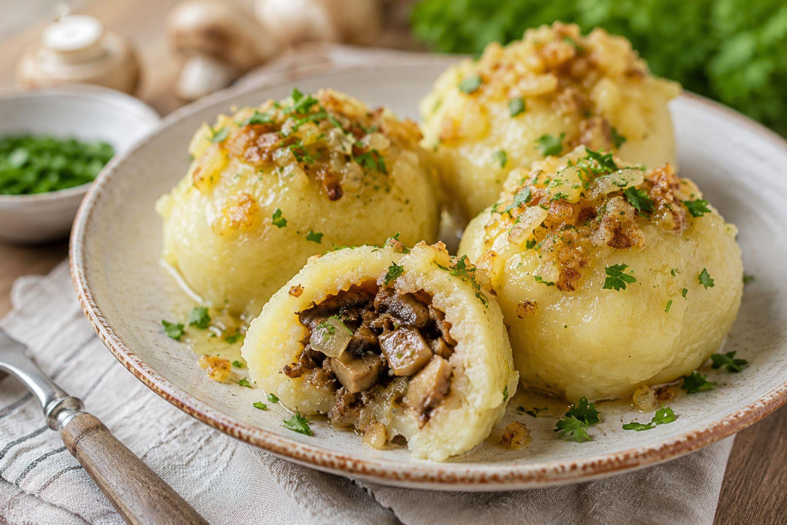 Knedle ziemniaczane z pieczarkami. Miękkie ciasto i aromatyczny farsz sprawiają, że trudno skończyć na jednej porcji