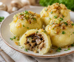 Knedle ziemniaczane z pieczarkami. Miękkie ciasto i aromatyczny farsz sprawiają, że trudno skończyć na jednej porcji