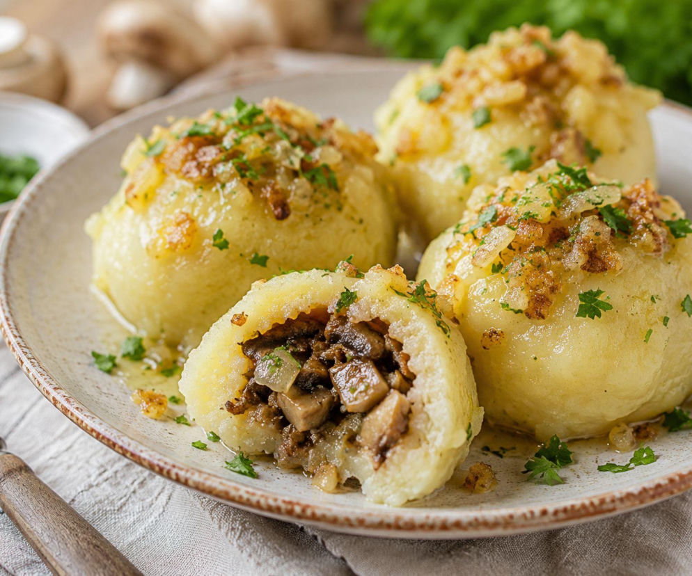 Knedle ziemniaczane z pieczarkami. Miękkie ciasto i aromatyczny farsz sprawiają, że trudno skończyć na jednej porcji