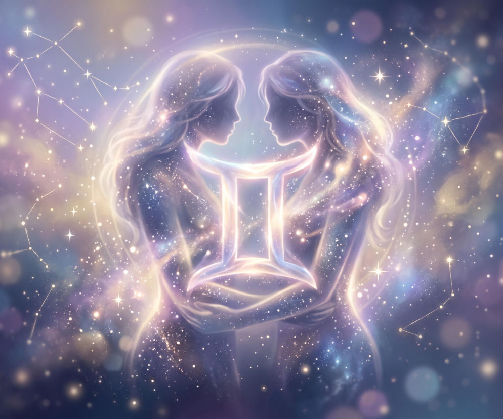 Dwie świetliste postacie kobiet i znak zodiaku Bliźniąt na tle gwiazd. Horoskop dla Bliźniąt sprawdzisz na Eska.