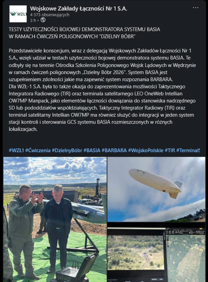 Testy systemu BASIA podczas ćwiczeń „Dzielny Bóbr 2026”. Polska armia sprawdza nowe oczy na niebie