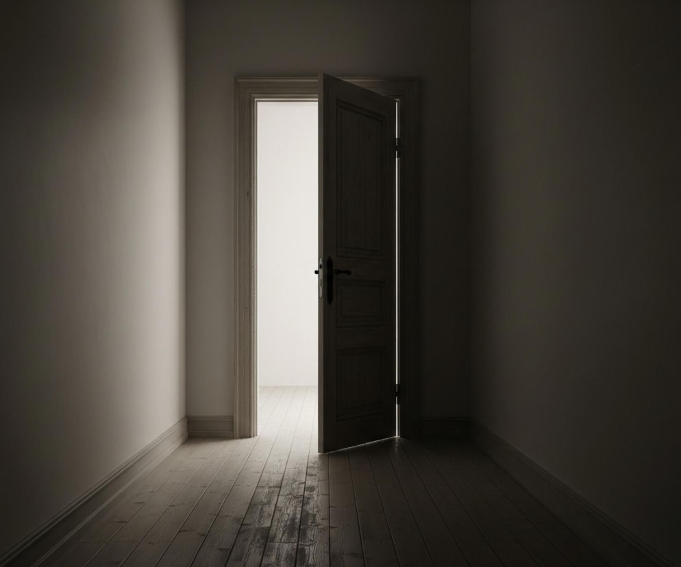 Wąski korytarz, skąpany w półmroku, z jasno oświetlonym przejściem w centralnej części kadru. Drewniane drzwi, uchylone na szerokość około jednej trzeciej, ukazują jasne, nieokreślone wnętrze po drugiej stronie. Światło z tego wnętrza rzuca wyraźną smugę na drewnianą podłogę korytarza, tworząc kontrast z ciemnymi ścianami.