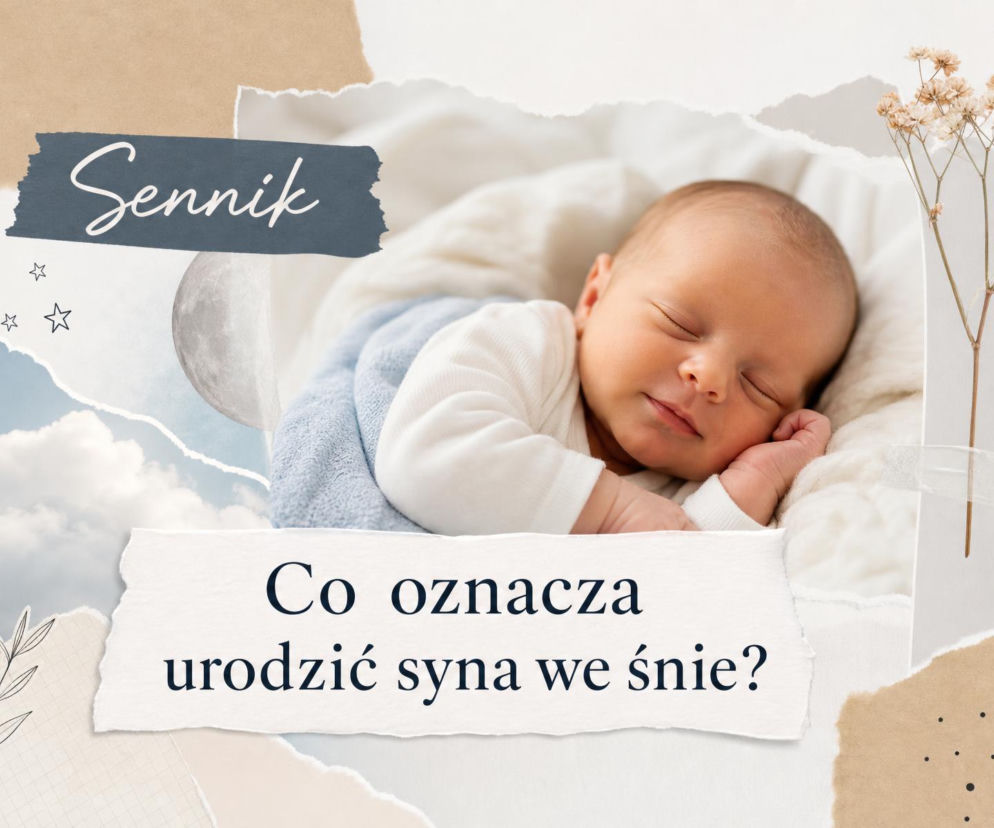 Śpiący noworodek na jasnym tle. Obok napis sennik i pytanie o znaczenie snu o synu, o czym przeczytasz na SE.