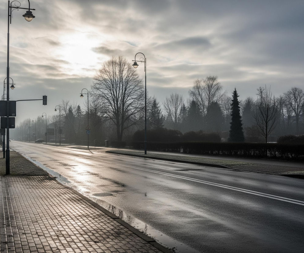 Ulicę z mokrą jezdnią i chodnikiem z kostki brukowej, oświetlonymi przez słońce przebijające się przez chmury. Wzdłuż lewej strony drogi stoją drzewa bez liści i lampy uliczne, a po prawej stronie rosną krzewy i drzewa iglaste, w tym jedno wysokie, ciemne drzewo. Niebo jest częściowo zachmurzone, z wyraźnie widocznym słońcem tworzącym silne refleksy na mokrej nawierzchni.