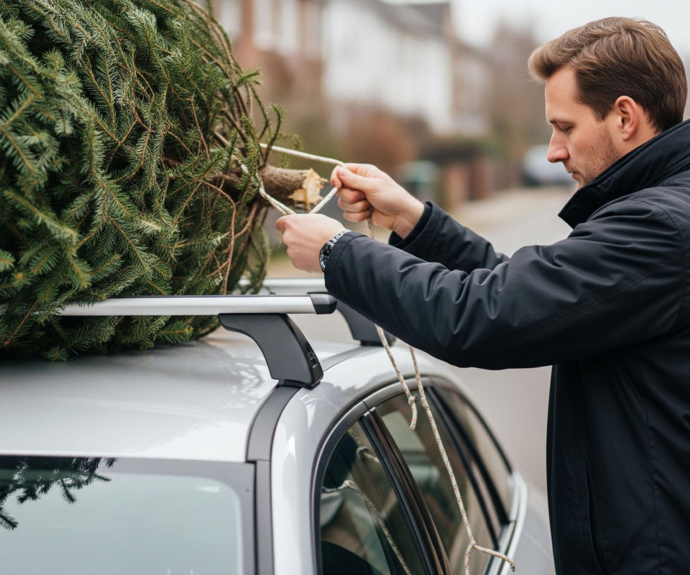 Mężczyzna w czarnej kurtce stoi obok srebrnego samochodu, mocując choinkę do bagażnika dachowego. Skupiony, blondyn z zarostem, wiąże białą linę wokół pnia zielonej choinki, leżącej na poprzeczkach bagażnika. Tło stanowi rozmyta uliczka z brązowymi budynkami i drzewami pod pochmurnym niebem.