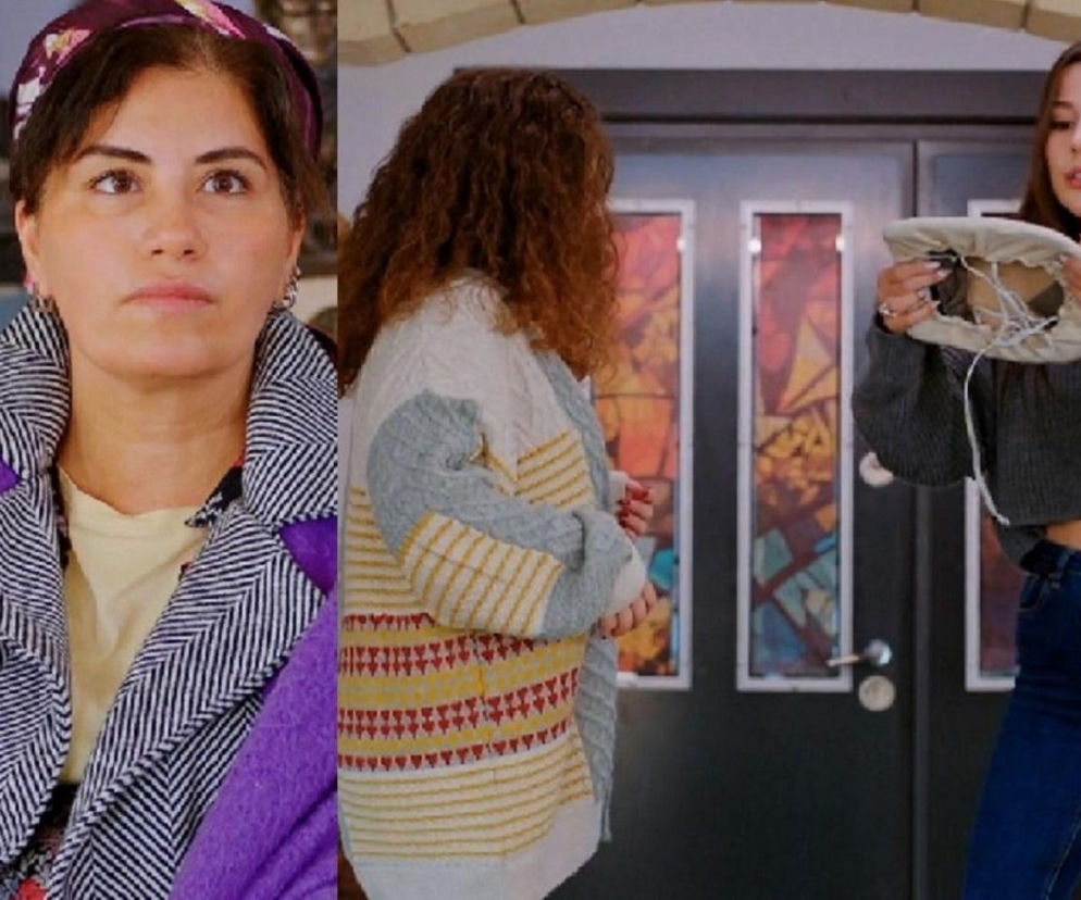 Kolaż zdjęć z serialu Miłość i nadzieja przedstawiający Fatmę w fioletowej narzutce, Melis z protezą brzucha oraz Zeynep trzymającą protezę ciąży. Ta intrygująca scena ujawnia oszustwo, o którym przeczytasz więcej na Super Seriale.