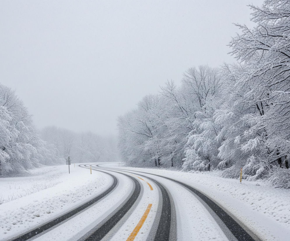 Droga o ciemnoszarym asfalcie, częściowo pokryta białym śniegiem, zakręca w prawo i biegnie przez środek zaśnieżonego krajobrazu. Na asfalcie widoczne są cztery równoległe, ciemne pasy, dwa po każdej stronie centralnej, ciągłej, żółtej linii, a także dwie białe linie po bokach jezdni. Droga otoczona jest drzewami bez liści, których gałęzie są gęsto pokryte białym śniegiem, tworząc biały las po obu stronach. Niebo jest całkowicie jednolite, jasnoszare, bez widocznych chmur, a w oddali widać ledwo zarysowane drzewa, co sugeruje gęstą mgłę lub opady śniegu.