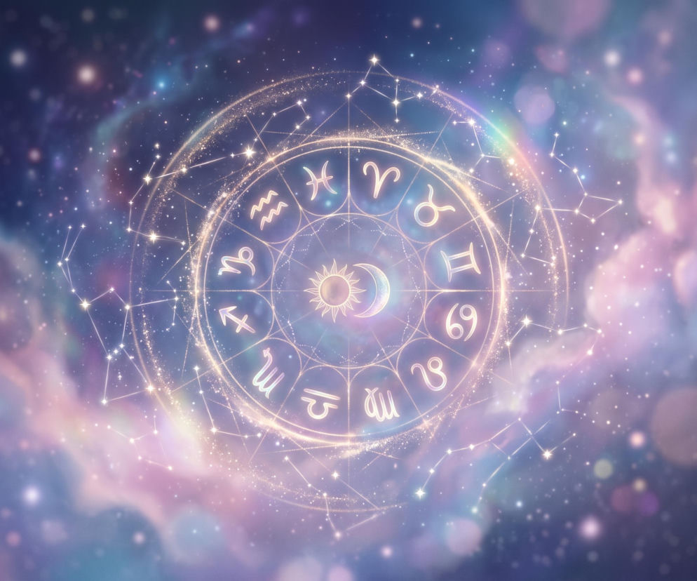 Złote koło zodiakalne na tle fioletowo-niebieskiego kosmosu. O horoskopie dziennym przeczytasz na VOX FM.