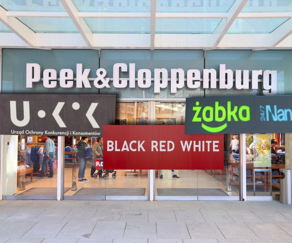 Szyld sklepu Peek & Cloppenburg, na który nałożono logotypy UOKiK, Black Red White i Żabka Nano, symbolizujące zarzuty urzędu wobec tych sieci za nieuczciwe praktyki promocyjne. Więcej na Super Biznes.