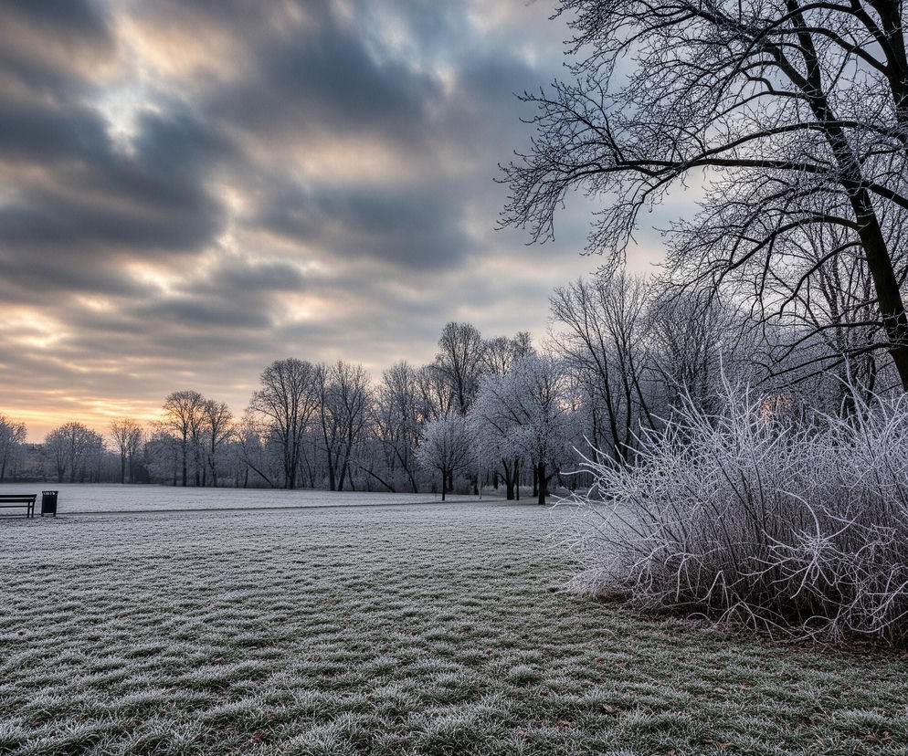 Duże pole pokryte szronem rozciąga się od lewego dolnego rogu do prawego, a w oddali widać ciemne drzewa i zarys budynków na tle pomarańczowo-szarego nieba. Po lewej stronie, na wyraźnej ścieżce, stoi ciemna ławka parkowa obok kosza na śmieci. Po prawej, na pierwszym planie, rośnie duży, pokryty szronem krzew o białych, misternych gałęziach, za którym wznoszą się bezlistne drzewa z ciemnymi pniami i gałęziami, również pokrytymi cienką warstwą szronu. Niebo wypełniają gęste, szare chmury, przez które przebija się złocisty blask zachodzącego słońca, tworząc ciepłe akcenty.