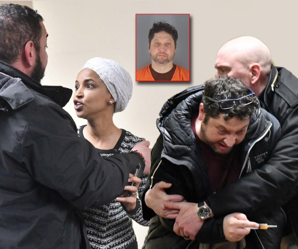 Ilhan Omar i atakujący ją mężczyzna trzymający strzykawkę. Na miniaturze portret sprawcy. O wyroku na SE USA.