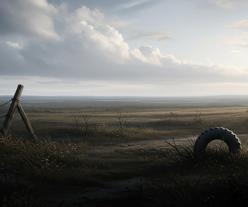 Rozległy, otwarty krajobraz z nisko położonym horyzontem pod niebem pełnym chmur. Na pierwszym planie po lewej stronie znajdują się dwa drewniane słupki połączone zardzewiałym łańcuchem, z jednym słupkiem opartym pod kątem, tworząc rodzaj płotu. Wśród traw i krzewów, na pierwszym planie po prawej stronie, leży czarna, zużyta opona. Cały teren pokrywa sucha, żółto-brązowa trawa z nielicznymi drobnymi kwiatami i suchymi gałęziami drzew. Niebo po lewej stronie jest ciemniejsze, bardziej pochmurne, przechodząc w jaśniejszy, błękitno-biały odcień po prawej stronie, z widocznym słońcem przebijającym się przez chmury.