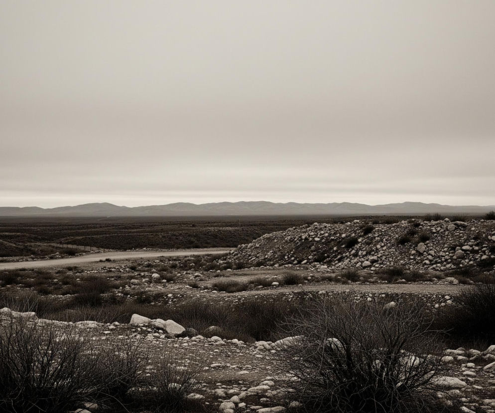 Pustynny krajobraz, wykonany w monochromatycznej sepii, rozciąga się pod zachmurzonym, jednolicie szarym niebem, które zajmuje ponad połowę górnej części kadru. Horyzont zamyka pas niskich, płaskich gór o lekko pofalowanej linii, stopniowo zlewających się z tłem. Na pierwszym planie i w centrum dominują wzgórza i pagórki pokryte licznymi, jasnymi kamieniami i suchą, niską roślinnością o ciemnych odcieniach, w tym pękami krzewów bez liści. Pomiędzy wzgórzami wiją się dwie równoległe drogi gruntowe o jaśniejszej barwie, tworząc łukowaty kształt w centralnej części zdjęcia, natomiast po prawej stronie wznosi się strome, kamieniste zbocze, a na lewo rozciąga się równinny, suchy teren.