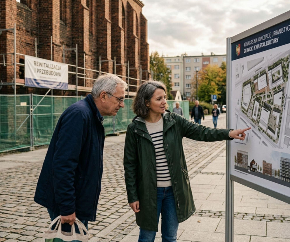 Dwie osoby oglądają tablicę z planem Gliwickiego Kwartału Kultury przy teatrze Victoria. Szczegóły projektu znajdziesz na SE.