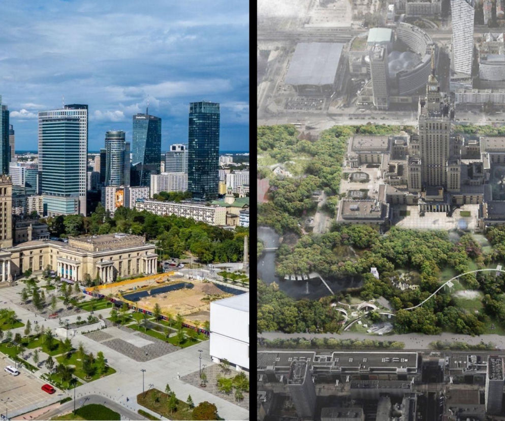 Porównanie Placu Centralnego w Warszawie: po lewej obecny stan z Pałacem Kultury i Nauki oraz otaczającą zabudową, po prawej wizualizacja Parku Centralnego z bujną zielenią. Obraz ilustruje debatę o betonozie zamiast zielonej przestrzeni, o której można przeczytać na Architektura Murator Plus.