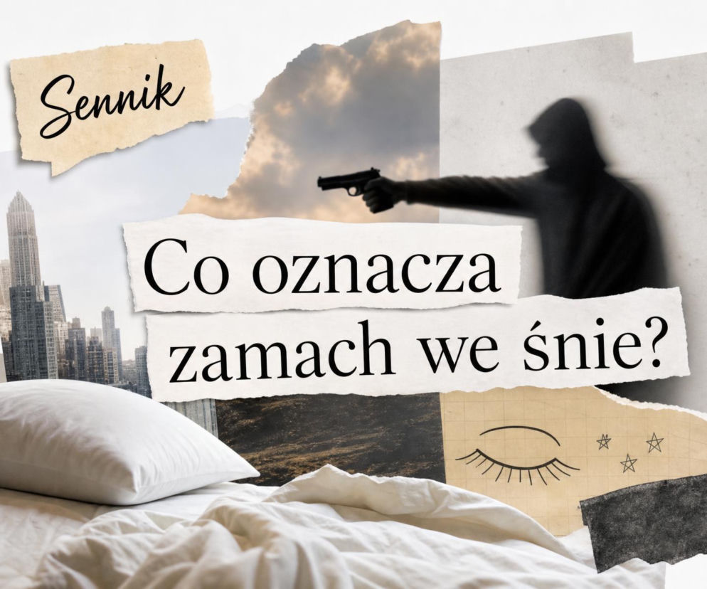 Kolaż z napisem o znaczeniu snu o zamachu, pistoletem i łóżkiem. O symbolice snów przeczytasz na SE.
