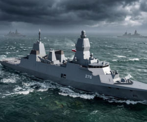 Wizualizacja wielozadaniowych fregat rakietowych proj. Miecznik (przyszły ORP Wicher oraz jednostki siostrzane - przyszły ORP Burza i ORP Huragan)