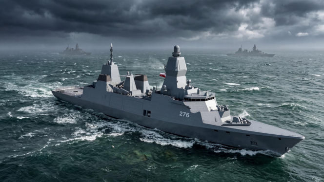 Wizualizacja wielozadaniowych fregat rakietowych proj. Miecznik (przyszły ORP "Wicher" oraz jednostki siostrzane - przyszły ORP "Burza" i ORP "Huragan")