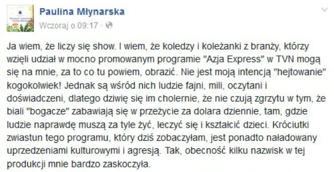 Młynarska krytykuje Azję Express