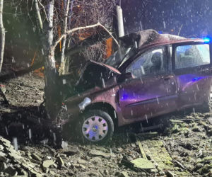 Samochód WBIŁ SIĘ w słup oświetleniowy. Poważny wypadek w Ptaszkowie 