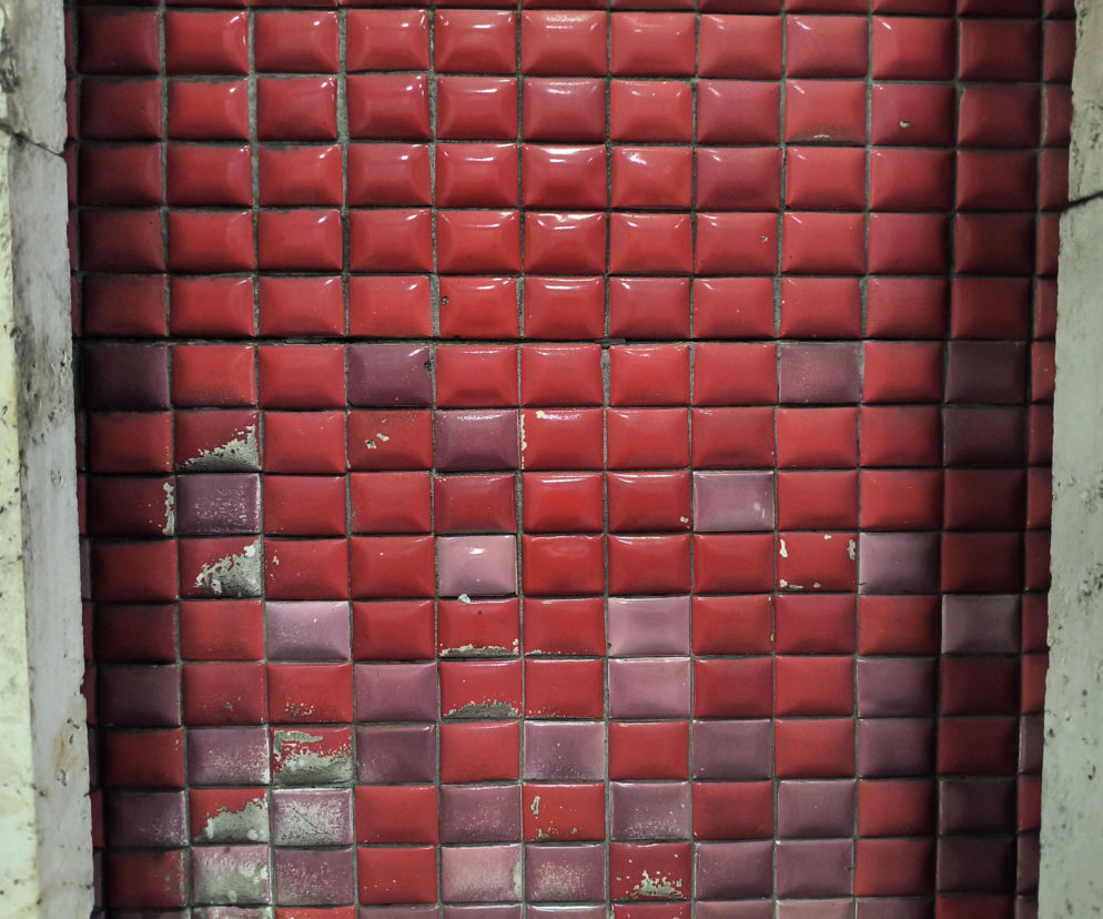 Blisko kadr mozaiki Wojciecha Fangora z czerwonych i różowych ceramicznych płytek na Dworcu Warszawa Śródmieście, ukazujący jej zły stan i zacieki. Więcej o dziełach Fangora na Architektura Murator Plus.