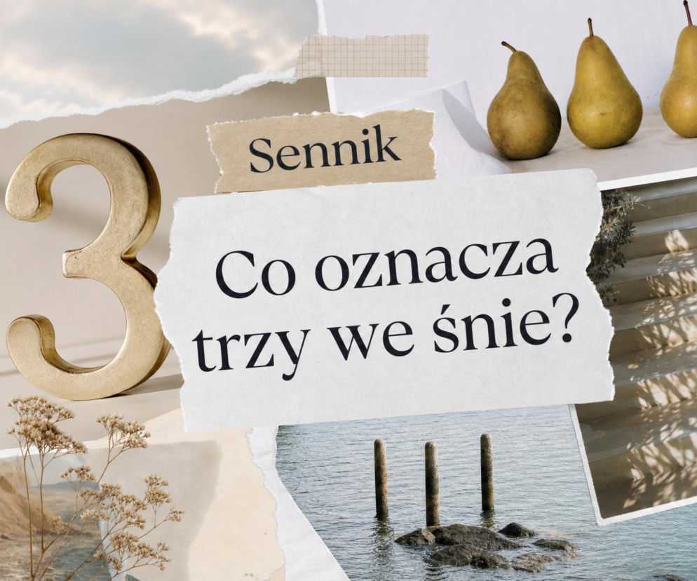 Złota cyfra 3 i collage zdjęć z trzema gruszkami oraz słupkami w wodzie. O znaczeniu trójki w senniku przeczytasz na SE.