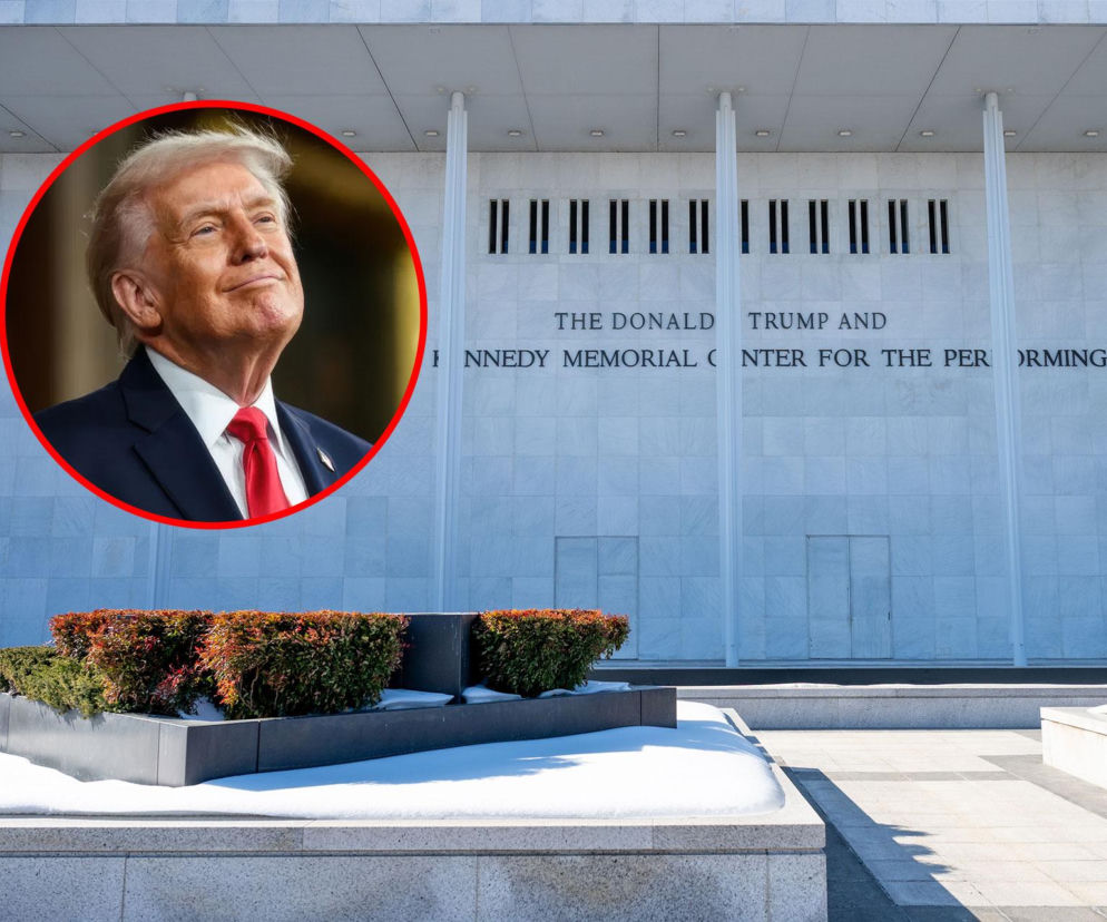 Fasada Kennedy Center z napisem o Trumpie. Na miniaturze obok Donald Trump. O sporze w Waszyngtonie przeczytasz w SE USA.
