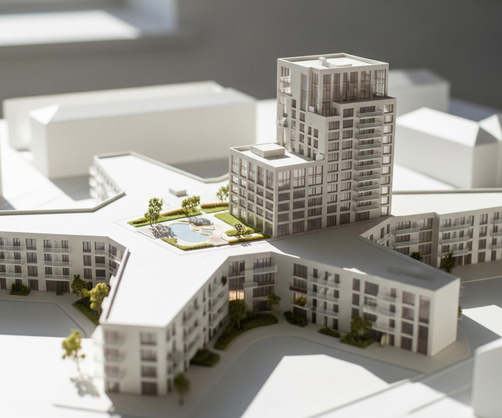 Centralnym elementem obrazu jest makietę kompleksu budynków mieszkalnych w kształcie gwiazdy, z wysokim wieżowcem w centrum. Budynki są w kolorze białym, z licznymi oknami i balkonami. Na dziedzińcu, pomiędzy ramionami gwiazdy, widać zielone trawniki, małe drzewa i basen o nieregularnym kształcie z niebieską wodą. Całość jest oświetlona silnym światłem, rzucającym wyraźne cienie na jasnej, płaskiej powierzchni, na której spoczywa makieta. W tle widać niewyraźne, białe bryły innych budynków, sugerujące otoczenie miejskie.