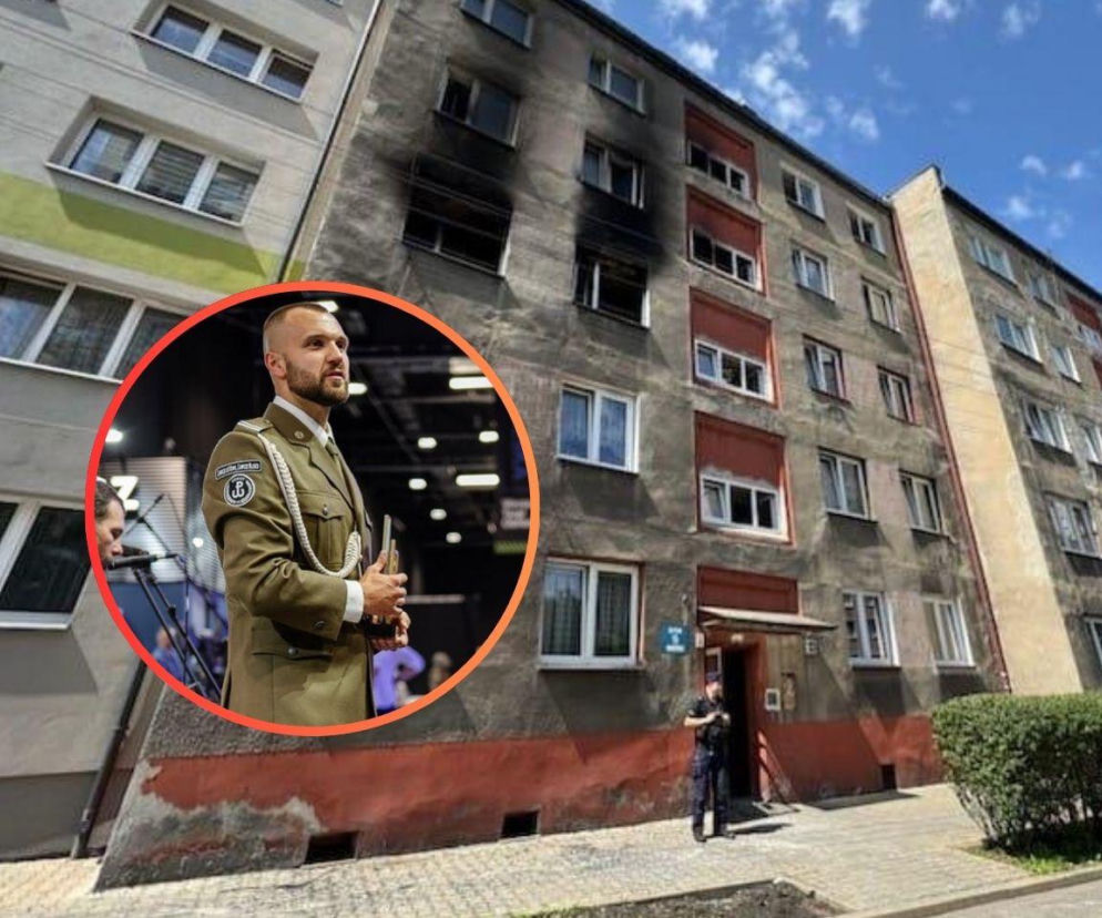 Kamienica z osmoloną elewacją po pożarze. Na miniaturze Łukasz Schön w mundurze. O bohaterstwie policjanta przeczytasz na SE.