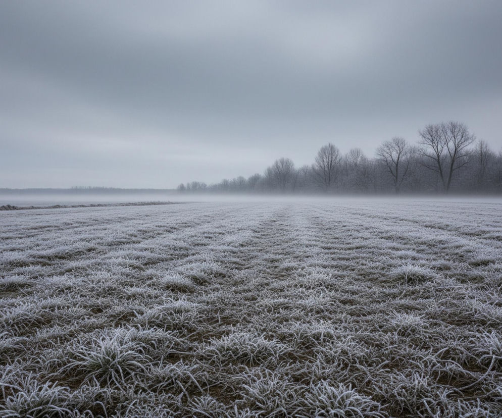 Rozległe pole, pokryte szronem na brązowej ziemi, rozciąga się w kierunku horyzontu. Trawa, skąpana w białym szronie, układa się w widoczne rzędy, które zbiegają się w oddali, tworząc wrażenie głębi. Na horyzoncie, ponad polem, widoczny jest długi, ciemny pas lasu, złożony z nagich drzew, zanurzonych częściowo w gęstej, białej mgle, która unosi się nisko nad ziemią. Górną część kadru wypełnia jednolite, szare, zachmurzone niebo, tworzące ponurą, zimową atmosferę.