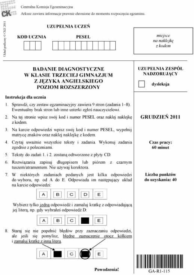 Próbny EGZAMIN GIMNAZJALNY grudzień 2011 - język ANGIELSKI: jakie były PYTANIA, ARKUSZE, ODPOWIEDZI, PRZECIEKI