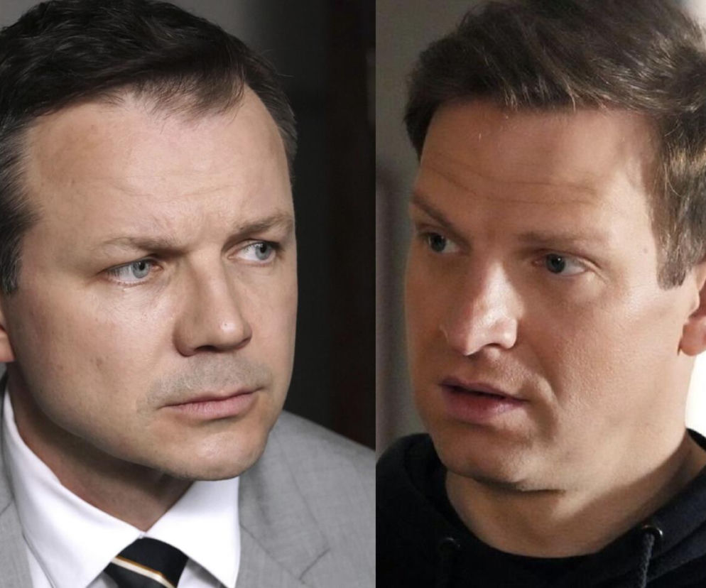 Portret dwóch mężczyzn z serialu Barwy szczęścia: Bruno Stański (Lesław Żurek) w garniturze i Łukasz Sadowski (Michał Rolnicki) w czarnej bluzie. Ich poważne miny oddają napięcie wokół traumy Łukasza po porwaniu, o której przeczytasz na Super Seriale.