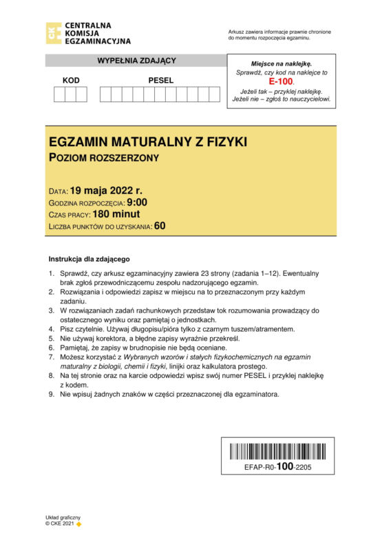  Matura 2022: fizyka rozszerzona. Arkusze CKE, zadania, pytania. Poziom rozszerzony	
