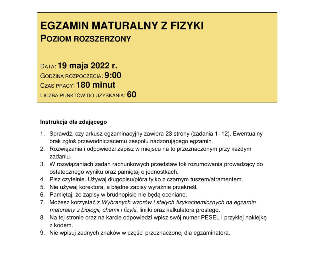  Matura 2022: fizyka rozszerzona. Arkusze CKE, zadania, pytania. Poziom rozszerzony	
