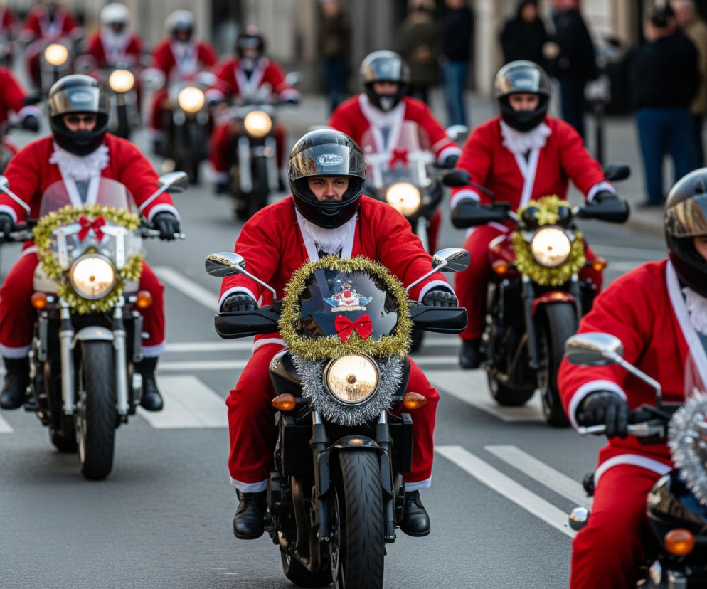 Grupa osób ubranych w stroje Świętego Mikołaja, składające się z czerwonego płaszcza z białym obszyciem i czarnego paska, jedzie na motocyklach ulicą. Wszyscy kierowcy noszą czarne kaski z wizjerami, a niektórzy mają doczepione białe brody. Motocykle są udekorowane świątecznymi girlandami w kolorach złotym i srebrnym, niektóre mają również czerwone kokardki. Jasne światła motocykli rozświetlają szarą nawierzchnię drogi z białymi pasami dla pieszych.