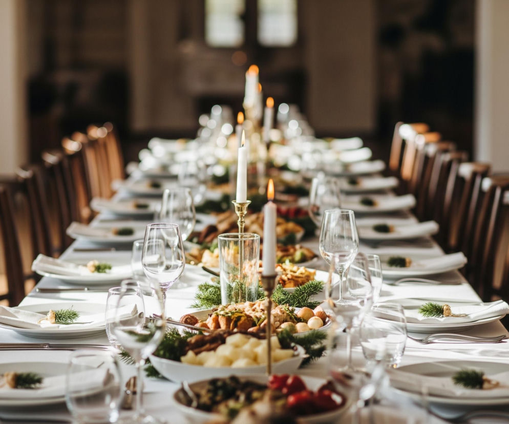 Długi stół przykryty białym obrusem, udekorowany i zastawiony na uroczysty posiłek, zajmuje centralną część obrazu. Na stole ułożone są białe talerze, szklanki i kieliszki, a każdy nakryty jest białą serwetką, przewiązaną sznurkiem z małą gałązką igliwia. Wzdłuż stołu rozmieszczone są różne potrawy w misach oraz świece w złotych świecznikach, które równomiernie oświetlają scenę. W tle widać rzędy drewnianych krzeseł po obu stronach stołu, a dalszy plan jest nieostry, ukazując jedynie zarysy wnętrza z oknami w górnej części kadru.