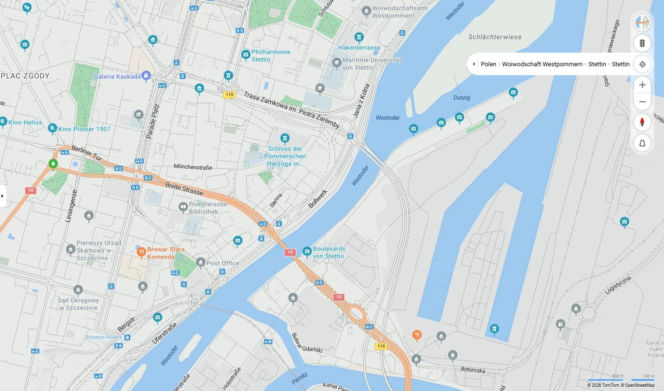 Niemieckie nazwy ulic w Szczecinie na mapach Bing