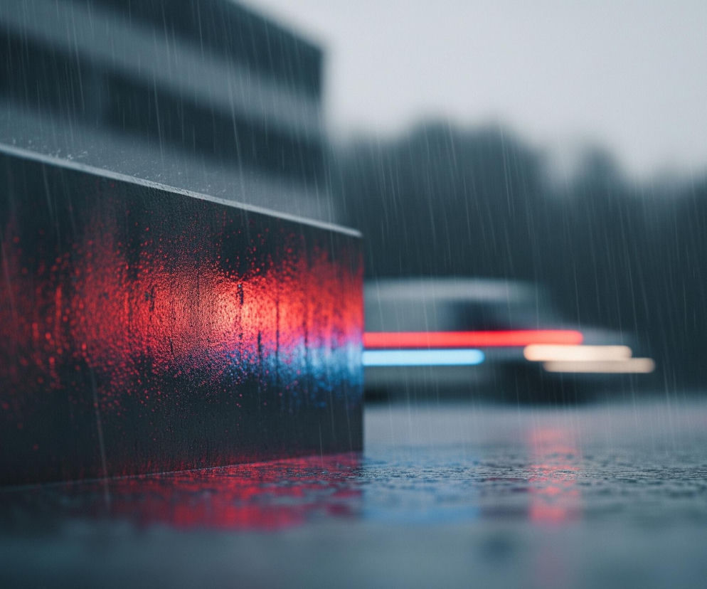 Ciemny, prostokątny obiekt znajduje się na pierwszym planie, rozświetlony intensywnym czerwonym i niebieskim światłem odbijającym się na jego wilgotnej powierzchni. Widoczne są liczne, pionowe smugi deszczu, które padają na powierzchnię pierwszego planu, pokrytą licznymi kroplami wody, z których odbija się czerwone i niebieskie światło. W oddali, za rozmytą sylwetką pojazdu z jasnymi, poziomymi pasami świateł – czerwonym, niebieskim i białym – majaczy niewyraźna, ciemna linia drzew lub krzewów pod szarym niebem.