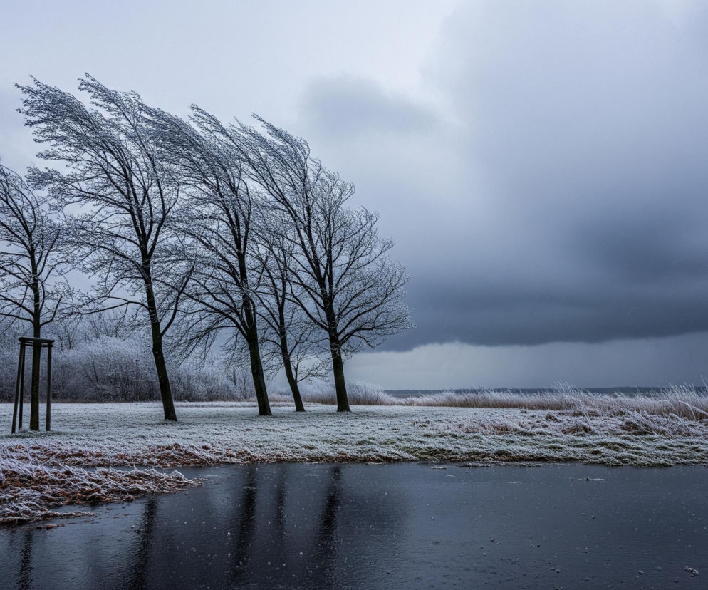 Cztery drzewa z gołymi, pokrytymi szronem gałęziami, wygięte w prawo, dominują lewą i środkową część obrazu. U ich podstawy i na dalszym planie rozciąga się zaśnieżony, zielony trawnik, z rdzawymi kępami trawy pokrytymi szronem na pierwszym planie. Ciemne, błyszczące jeziorko lub kałuża z odbiciami drzew znajduje się na dole obrazu, a w tle widać ciemne, burzowe chmury, z których zdają się spadać drobne opady.
