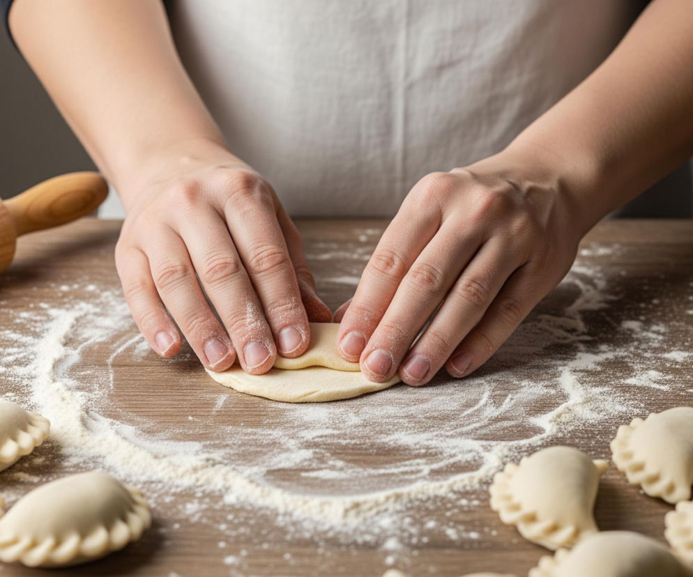 Na drewnianym blacie, posypanym mąką, dłonie osoby w jasnym fartuchu formują pierożek, zamykając jego brzegi. Obok leży drewniany wałek i wiele już uformowanych, surowych pierożków o charakterystycznych, pofalowanych krawędziach. W prawym górnym rogu widoczna jest biała miska z jasnym nadzieniem.