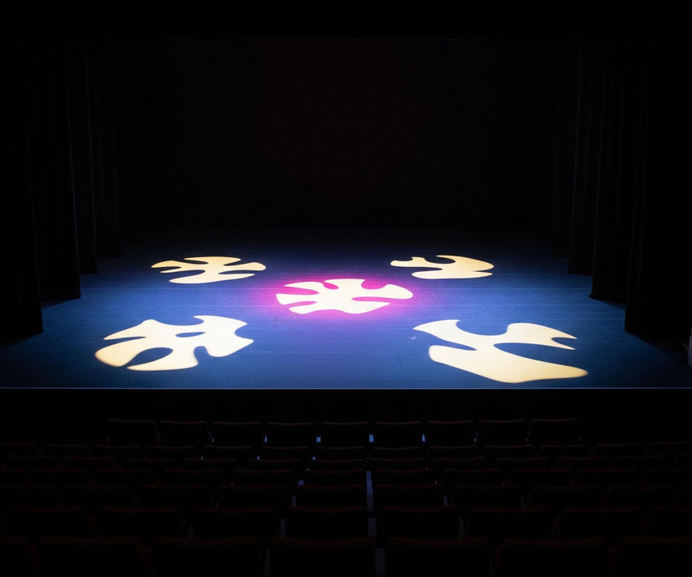 Na scenie teatralnej, oświetlonej ciemnoniebieskim światłem, widoczne są nieregularne, płynne kształty, przypominające ameby lub liście, odbite w pięciu miejscach. Cztery z tych kształtów są jasnożółte, natomiast jeden, centralny, ma odcień fuksji, otoczony fioletową poświatą. Scena jest otoczona ciemnymi, pionowymi zasłonami i częściowo widocznymi elementami architektonicznymi po bokach. Poniżej sceny rozciąga się widownia z licznymi rzędami ciemnych, prawdopodobnie czerwonych, foteli, które toną w cieniu.