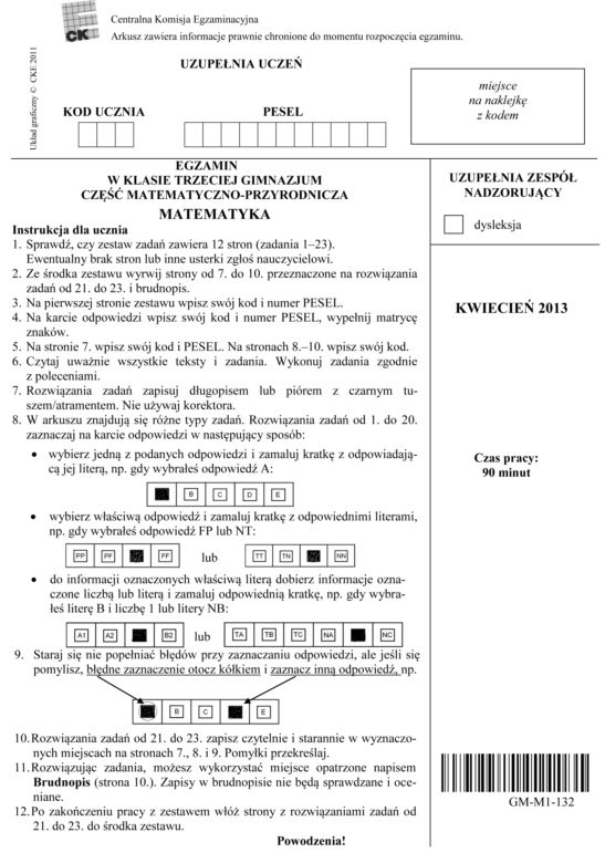 EGZAMIN GIMNAZJALNY 2013 MATEMATYKA - ARKUSZE, ODPOWIEDZI
