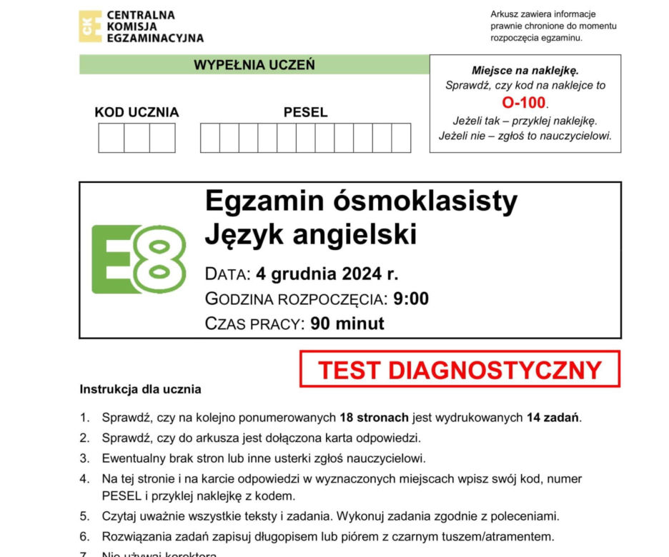 Arkusz CKE próbnego egzaminu ósmoklasisty 2024 z języka angielskiego