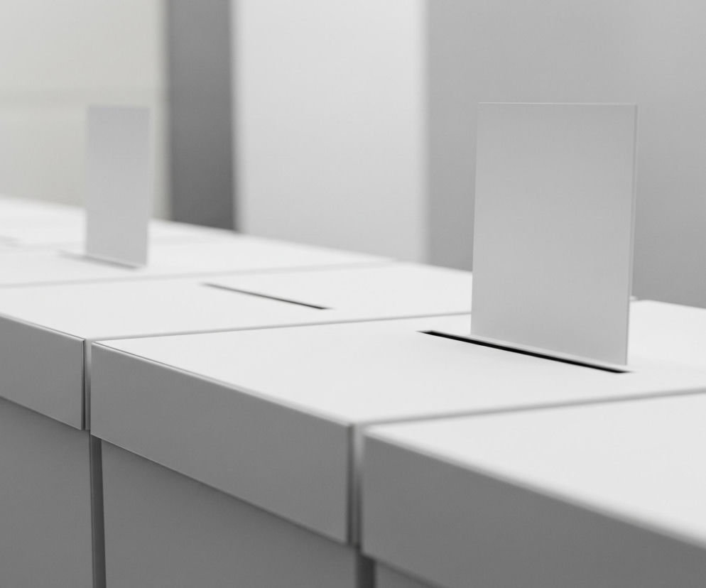 Na pierwszym planie widoczny jest rząd jasnych, prostopadłościennych urn wyborczych, ustawionych poziomo. Z pierwszej urny na prawo wystaje biała karta do głosowania, włożona do wąskiej, poziomej szczeliny. Kolejne urny w tle są mniej ostre i każda z nich ma podobną szczelinę na górze, z kilkoma białymi kartami wystającymi pionowo. Całość utrzymana jest w minimalistycznej palecie barw, głównie w odcieniach szarości i bieli, z lekkim cieniem rzucanym przez obiekty na ich powierzchnie.